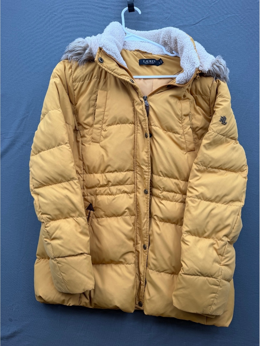 Lauren Ralph Lauren Mustard Yellow Puffer Coat with Faux Fur Hood, Size Large